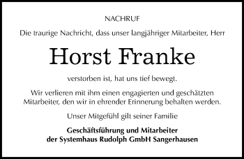 Traueranzeige von Horst Franke von Mitteldeutsche Zeitung