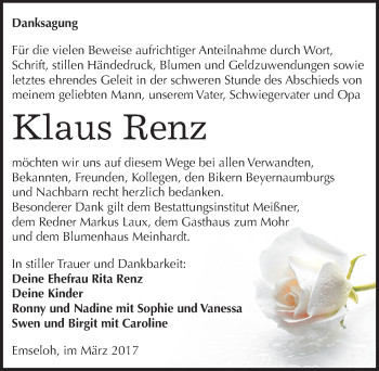 Traueranzeige von Klaus Renz von Mitteldeutsche Zeitung Sangerhausen