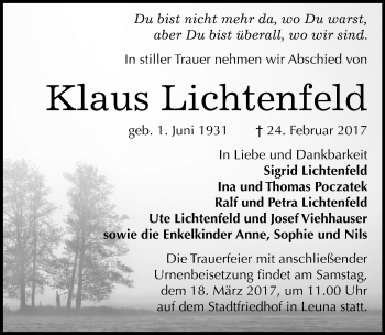 Traueranzeige von Klaus Lichtenfeld von Mitteldeutsche Zeitung Merseburg/Querfurt