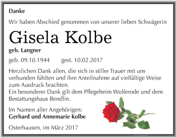Traueranzeige von Gisela Kolbe von Super Sonntag SGH Mansf. Land