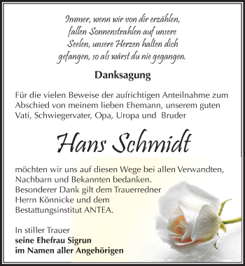 Traueranzeige von Hans Schmidt von Mitteldeutsche Zeitung Zeitz