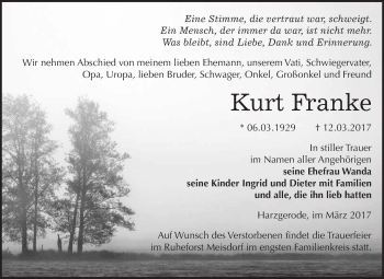 Traueranzeige von Kurt Franke von Super Sonntag Quedlinburg