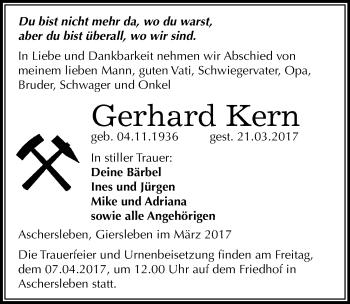 Traueranzeige von Gerhard Kern von Mitteldeutsche Zeitung Aschersleben