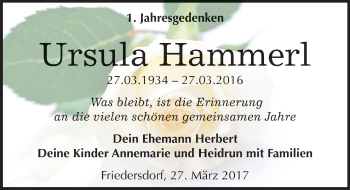 Traueranzeige von Ursula Hammerl von Mitteldeutsche Zeitung Bitterfeld