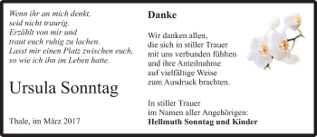 Traueranzeige von Ursula Sonntag von Mitteldeutsche Zeitung Quedlinburg