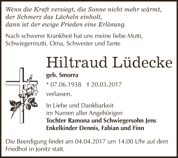 Traueranzeige von Hiltraud Lüdecke von WVG - Wochenspiegel Dessau / Köthen