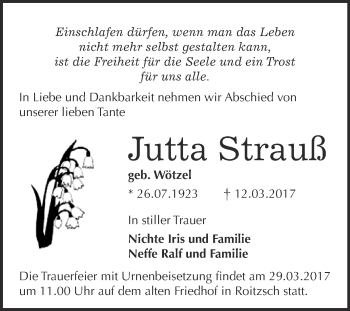 Traueranzeige von Jutta Strauß von WVG - Wochenspiegel Bitterfeld