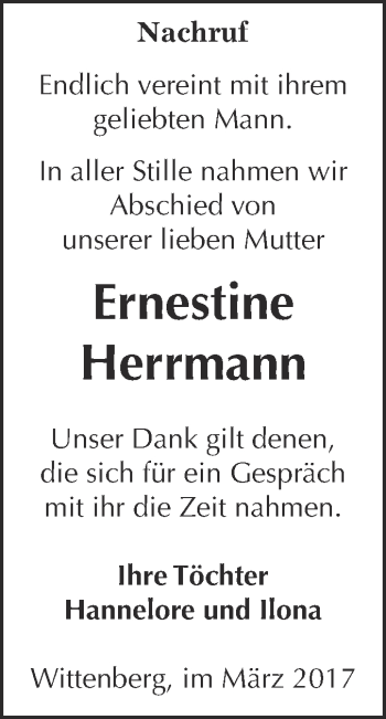 Traueranzeige von Ernestine Herrmann von Super Sonntag Wittenberg