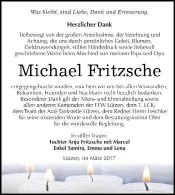 Traueranzeige von Michael Fritzsche von WVG - Wochenspiegel NMB / WSF / ZTZ