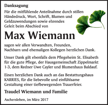 Traueranzeige von Max Wiemann von Mitteldeutsche Zeitung Aschersleben