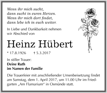 Traueranzeige von Heinz Hübert von Mitteldeutsche Zeitung Halle/Saalkreis