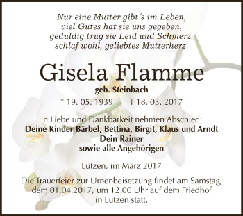 Traueranzeige von Gisela Flamme von WVG - Wochenspiegel NMB / WSF / ZTZ