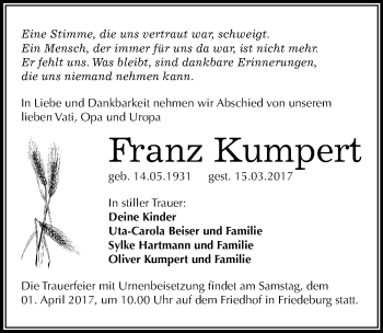 Traueranzeige von Franz Kumpert von Mitteldeutsche Zeitung Mansfelder Land