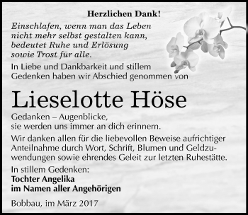 Traueranzeige von Lieselotte Höse von Mitteldeutsche Zeitung Bitterfeld