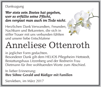Traueranzeige von Anneliese Ottenroth von Mitteldeutsche Zeitung Mansfelder Land