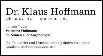 Traueranzeige von Klaus Hoffmann von Mitteldeutsche Zeitung Halle/Saalkreis