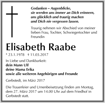 Traueranzeige von Elisabeth Raabe von Mitteldeutsche Zeitung Mansfelder Land