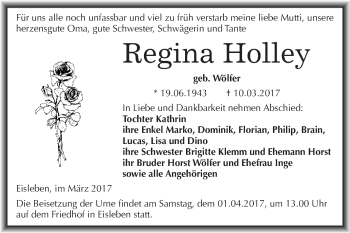 Traueranzeige von Regina Holley von Super Sonntag SGH Mansf. Land