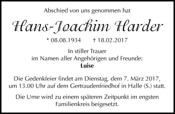 Traueranzeige von Hans-Joachim Harder von Mitteldeutsche Zeitung Halle/Saalkreis