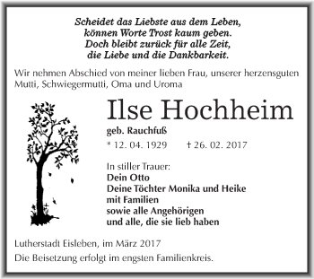 Traueranzeige von Ilse Hochheim von Super Sonntag SGH Mansf. Land