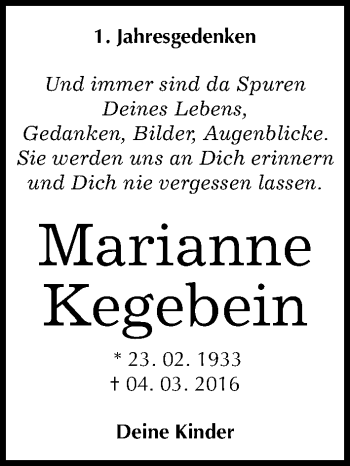 Traueranzeige von Marianne Kegebein von Mitteldeutsche Zeitung Dessau-Roßlau