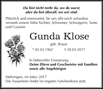 Traueranzeige von Gunda Klose von Mitteldeutsche Zeitung Aschersleben