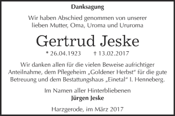 Traueranzeige von Gertrud Jeske von Super Sonntag Quedlinburg