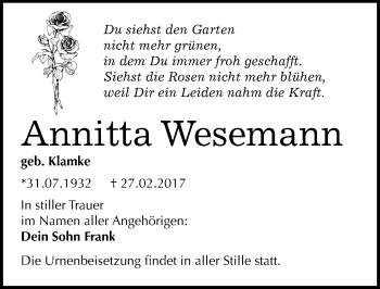 Traueranzeige von Annitta Wesemann von Mitteldeutsche Zeitung Mansfelder Land