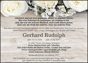 Traueranzeige von Gerhard Rudolph von Mitteldeutsche Zeitung Köthen