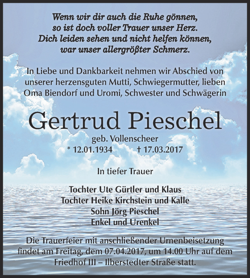  Traueranzeige für Gertrud Pieschel vom 25.03.2017 aus Super Sonntag Bernburg