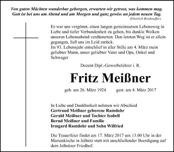 Traueranzeige von Fritz Meißner von WVG - Wochenspiegel Bitterfeld
