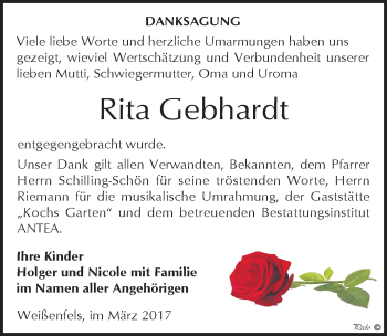Traueranzeige von Rita Gebhardt von Mitteldeutsche Zeitung Weißenfels