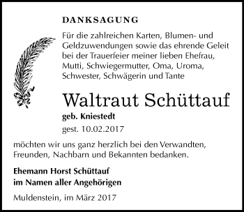 Traueranzeige von Waltraut Schüttauf von Mitteldeutsche Zeitung Bitterfeld