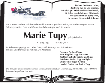 Traueranzeige von Marie Tupy von Mitteldeutsche Zeitung Merseburg/Querfurt