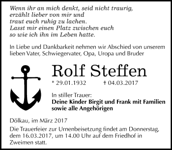 Traueranzeige von Rolf Steffen von Mitteldeutsche Zeitung Merseburg/Querfurt