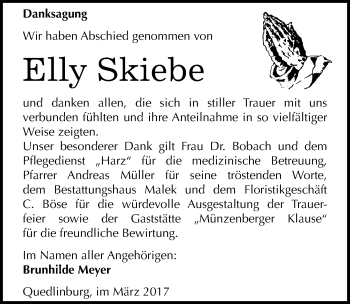 Traueranzeige von Elly Skiebe von Mitteldeutsche Zeitung Quedlinburg