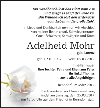 Traueranzeige von Adelheid Mohr von Mitteldeutsche Zeitung Mansfelder Land