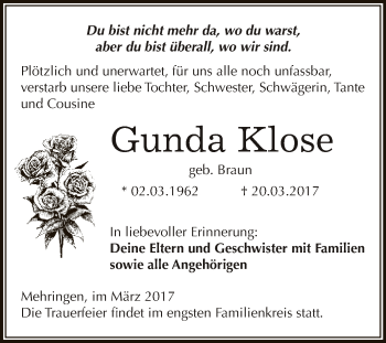 Traueranzeige von Gunda Klose von Super Sonntag SGH Mansf. Land