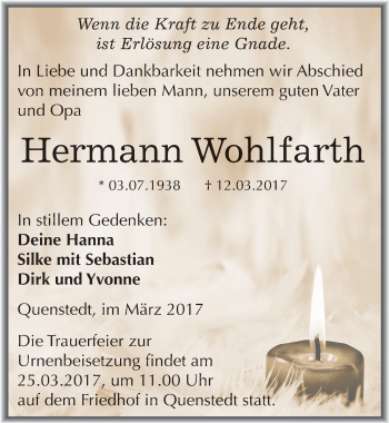 Traueranzeige von Hermann Wohlfarth von Mitteldeutsche Zeitung Mansfelder Land