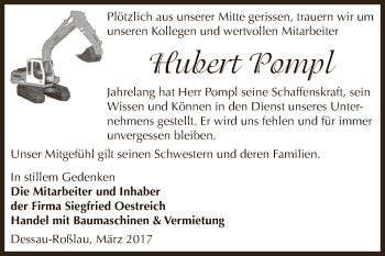 Traueranzeige von Hubert Pompl von WVG - Wochenspiegel Dessau / Köthen