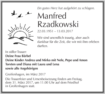 Traueranzeige von Manfred Rzadkowski von Super Sonntag SGH Mansf. Land