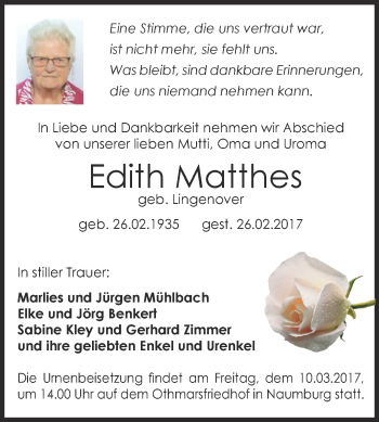 Traueranzeige von Edith Matthes von WVG - Wochenspiegel NMB / WSF / ZTZ
