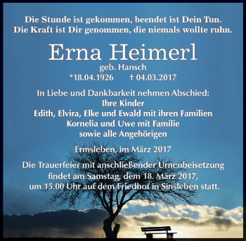 Traueranzeige von Erna Heimerl von Mitteldeutsche Zeitung Quedlinburg
