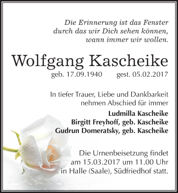 Traueranzeige von Wolfgang Kascheike von Mitteldeutsche Zeitung Halle/Saalkreis