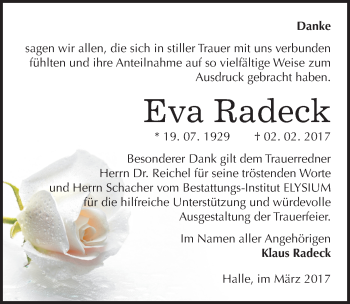 Traueranzeige von Eva Radeck von Mitteldeutsche Zeitung Halle/Saalkreis