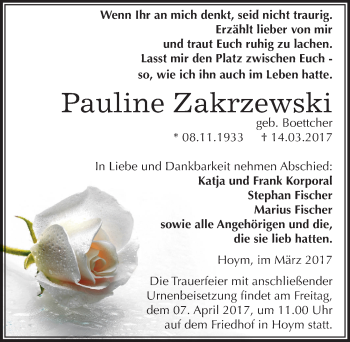 Traueranzeige von Pauline Zakrzewski von Mitteldeutsche Zeitung Aschersleben