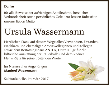 Traueranzeige von Ursula Wassermann von WVG - Wochenspiegel Dessau / Köthen
