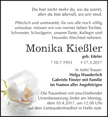 Traueranzeige von Monika Kießler von Mitteldeutsche Zeitung Halle/Saalkreis