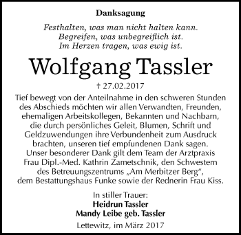 Traueranzeige von Wolfgang Tassler von Mitteldeutsche Zeitung Halle/Saalkreis