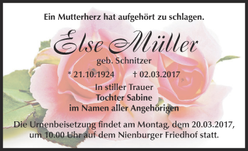 Traueranzeige von Else Müller von Super Sonntag Bernburg